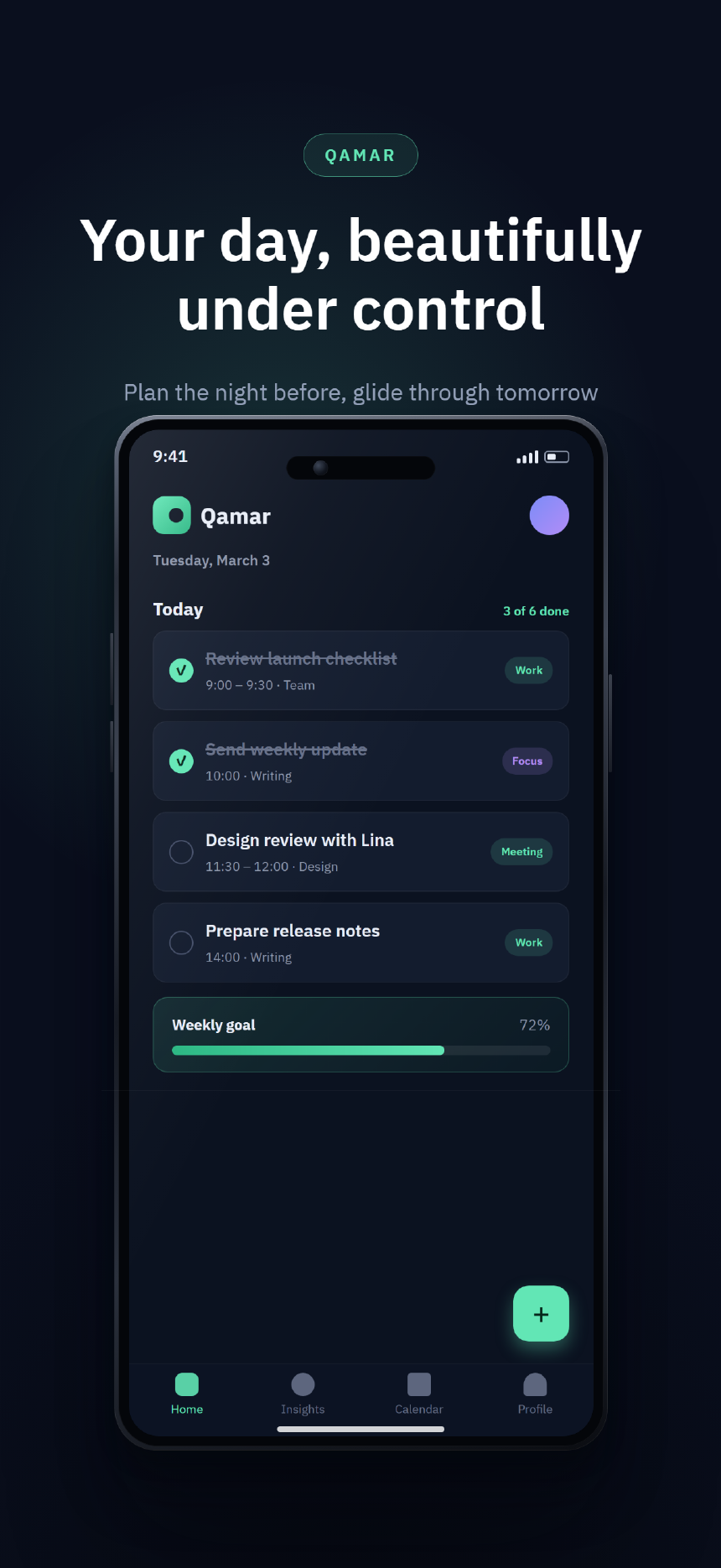 English App Store screenshot: the Qamar task app on a dark navy frame with mint accents — headline “Your day, beautifully under control”.