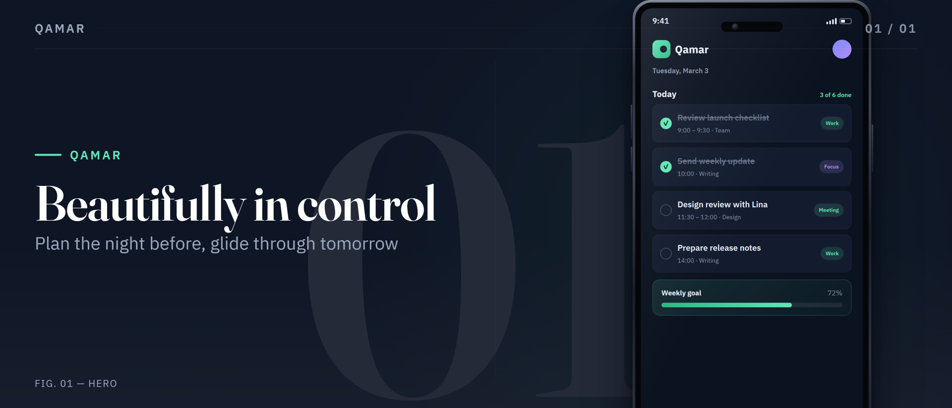 Landscape App Store product-page header (21:9) with a text column and device column.